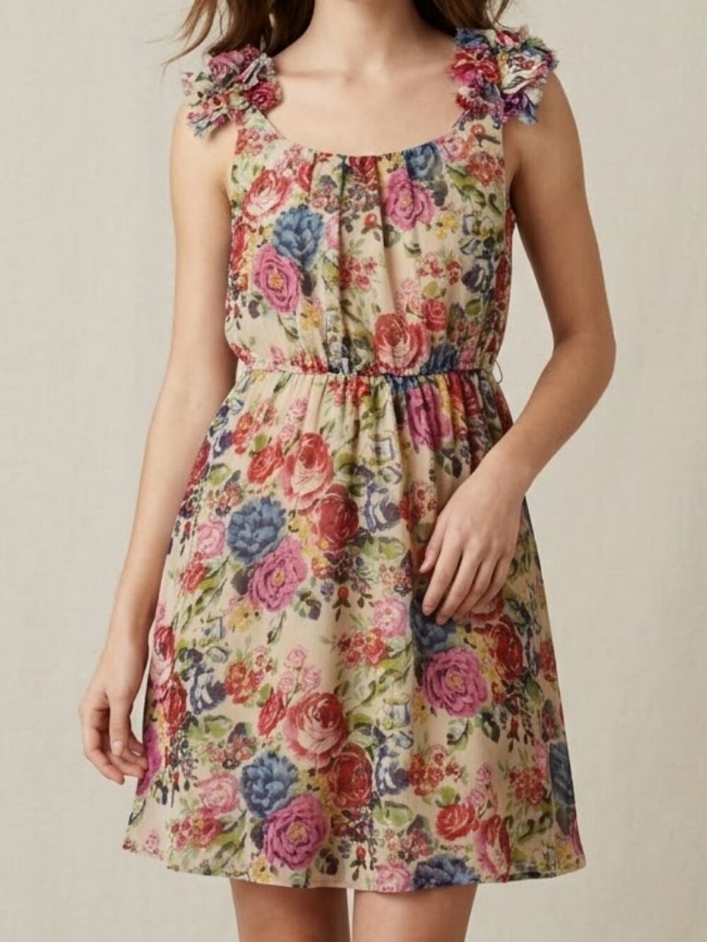 Angie Floral Mini Dress 3D Fabric Flower Shoulders Small Boho Romantic Spring